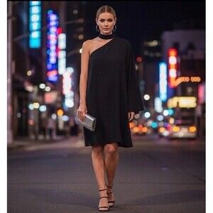 Three Eighty Two Dress Womens Large Black One Shoulder LBD Cocktail Minimalist